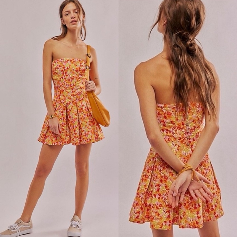 FREE PEOPLE Made Me Smile Strapless Printed Floral Mini Dress NEW XL